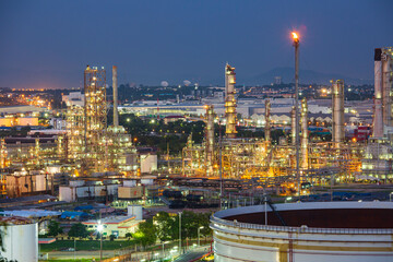 Tank crude oil scene of refinery plant and tower column of evening​ sunset Petrochemistry industry