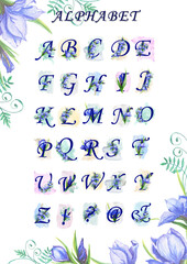 Watercolor letter set with a bouquet of iris flowers ,
 blue flower petals viola, iris,
  shades with green stems. Napkin paper, wrapping paper,
Suitable for decoration of greeting cards,
Invitations,