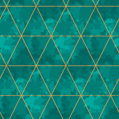 Abstract geometric seamless pattern. Gold triangle grid on turquoise and teal painted textured background. Watercolor imitation