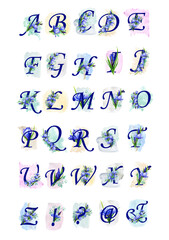 Watercolor letter set with a bouquet of iris flowers ,
 blue flower petals viola, iris,
  shades with green stems. Napkin paper, wrapping paper,
Suitable for decoration of greeting cards,
Invitations,