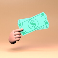 The hand holds a dollar banknote. 3D render illustration.