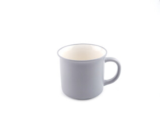 Empty grey mug isolated on white background. Use for home or restaurant, food design. Concept kitchen utensils and tableware. .