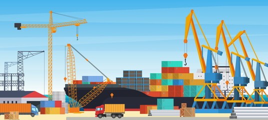 Cargo ship logistics in seaport vector illustration. Cartoon crane equipment loading and unloading containers with goods from shipyard of tanker or barge transport background. Export, import concept - obrazy, fototapety, plakaty