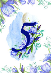 Watercolor number set with a bouquet of iris flowers ,
 blue flower petals viola, iris,
  shades with green stems. Napkin paper, wrapping paper,
Suitable for decoration of greeting cards,
Invitations,