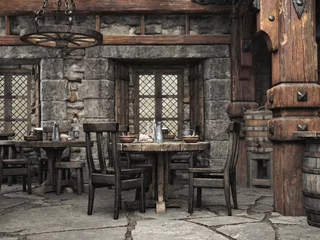 Fotobehang Fantasy medieval tavern inn background. 3d rendering © Digital Storm