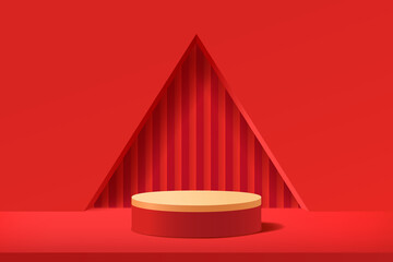 Empty 3d gold red round podium with red abstract geometric shape and triangular hole wall