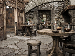 Fantasy medieval tavern inn background. 3d rendering - obrazy, fototapety, plakaty