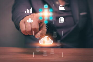 Business man using phone to upload and back up cloud computing in hand cloud technology data...