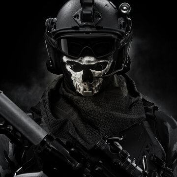 Portrait closeup of a elite special forces military soldier equipped with battle armor ,advanced assault rifle and a custom skull face mask  . 3d rendering