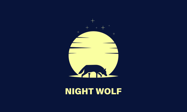 Night wolf logo design template with moon and black background.