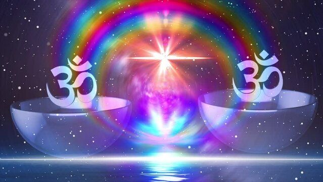 bowl background with omm symbol on it and rainbow