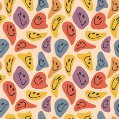 Illustration of a seamless groovy and trippy pattern. Deformed smiles in vintage style.