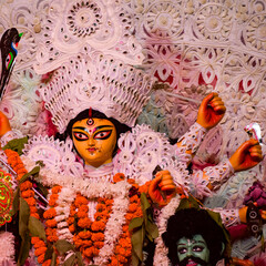 Goddess Durga with traditional look in close up view at a South Kolkata Durga Puja, Durga Puja Idol, A biggest Hindu Navratri festival in India