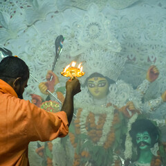 Goddess Durga with traditional look in close up view at a South Kolkata Durga Puja, Durga Puja...