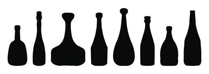 Set of alcohol bottles in silhouette. Bottle shape in one piece