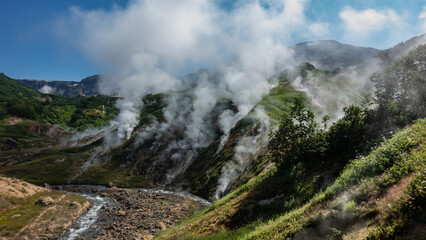 Fototapeta premium Columns of steam from hot springs rise above the slopes of the mountain. The stream flows in a hollow along a rocky bed. Blue sky. Kamchatka. Valley of Geysers