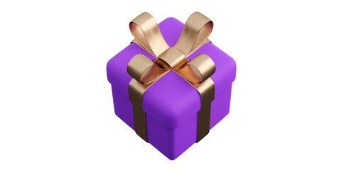 Realistic violet gift box with golden ribbon bow. Concept of abstract holiday, birthday or wedding present or surprise. 3d high quality isolated render