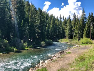 The view of Truckee river, North Lake Tahoe, California. Mountain river in Sierras. West coast vacation destinations. California roadtrip. 