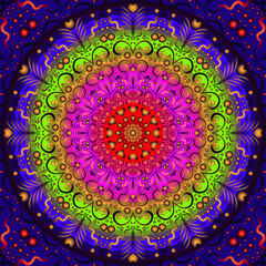 Bright circular golden and colorful pattern on a purple background. Vector image eps 10