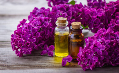Lilac essential oil in a small bottle.