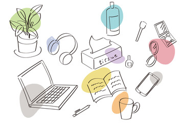 文房具や化粧道具など小物の線画イラストセット