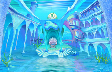 Fototapeta na wymiar Fairy tale underwater castle interior