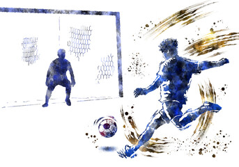 A soccer player and a soccer ball painted with watercolor splash effect
