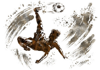 A soccer player and a soccer ball painted with watercolor splash effect
