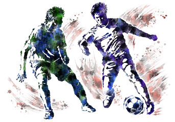 Obraz premium A soccer player and a soccer ball painted with watercolor splash effect 