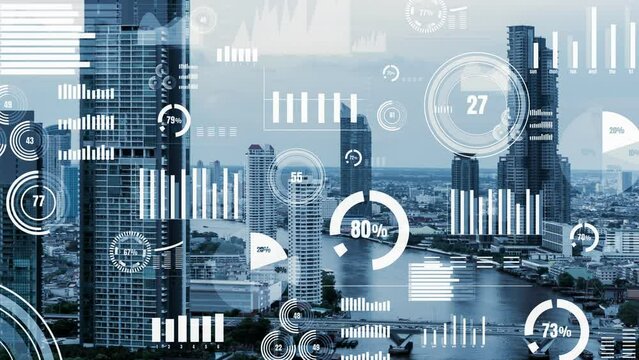Business data analytic interface fly over smart city showing alteration future of business intelligence. Computer software and artificial intelligence are used to analyze big data for strategic plan .