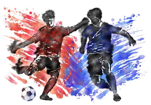 A soccer player and a soccer ball painted with watercolor splash effect
