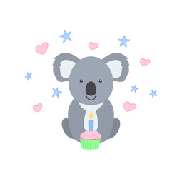 Cute koala with birthday cupcake on a white background with pink hearts and blue stars. Adorable Australian animal. Vector Illustration for poster, greeting card, cover and printing on kids t-shirt