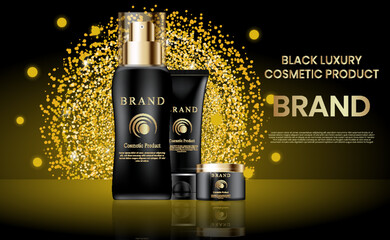 Black luxury Cosmetics products with golden glitter vector illustration