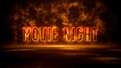 Brown Golden Red Movie Night Text Neon Sign On Digital Shiny Space Smoky Fractal With Floor Light Flare And Glitter Dust Background
