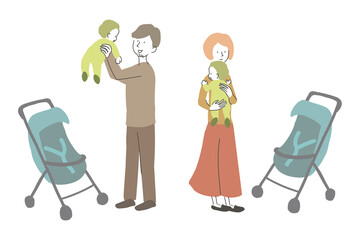 幼児を抱き上げる父親と母親のイラスト