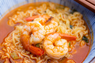 Korean spicy instant noodles with shrimp bowl