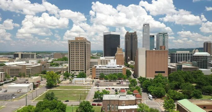 Birmingham, Alabama skyline with drone video moving sideways.