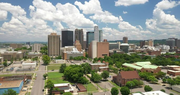 Birmingham, Alabama skyline with drone video moving in.