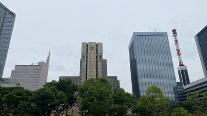 Obraz premium The Tokyo city buildings and offices peeking between the tree bushes of Hibiya Park, central downtown historic landmark that opened in 1903, shot taken on year 2022 June 11th 