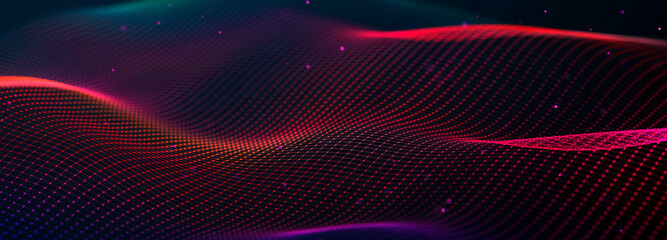 Fototapeta na wymiar Futuristic dots pattern on dark background. Colored music wave. Big data. Technology or Science Banner. 3D rendering