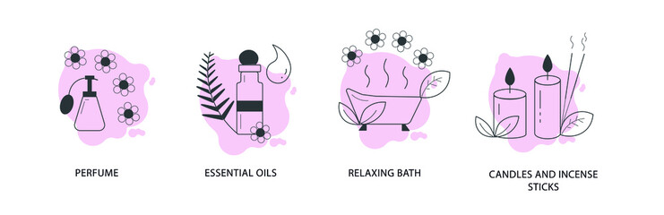 perfume, essential oil, relaxing bath and candle and incense sticks line art vector illustration