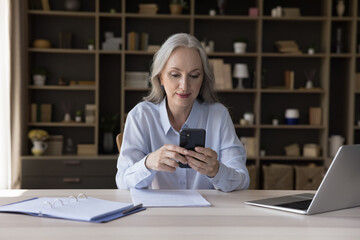 Serious older businesswoman holding smartphone sit at workplace desk. Usage of professional...