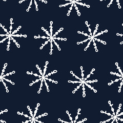 Seamless Pattern with White Snowflakes on Dark Blue Background. Abstract Hand-Drawn Doodle Snowflakes.