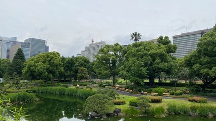 Fototapeta na wymiar The zen garden and the city skyscrapers view at the Hibiya park Tokyo central downtown, next to the Imperial palace, year 2022 June 11th