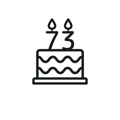 Birthday cake line icon with candle number 73 (seventy-three). Vector.