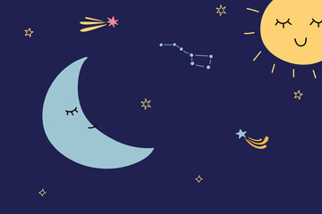 Obraz na płótnie Canvas Cute planets. Night starry sky. Cartoon sleepy crescent and sun. Star constellations and comets. Space sleeping characters with funny faces. Sweet dream. Vector cosmos doodle background
