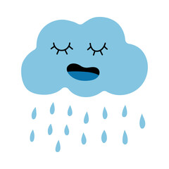 Cute cloud. Rainy weather. Meteorology character with funny face and raindrops. Atmosphere precipitation. Cartoon cloudscape element. Fluffy cumulus. Overcast forecast. Vector drizzle