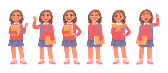 Set of elementary school student little girl character. Schoolgirl greeting, poses, thinks, reads, points, idea