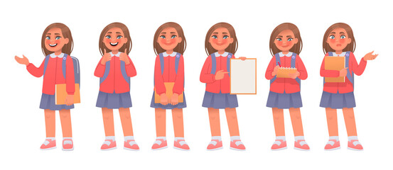 Set of elementary school student little girl character. Schoolgirl shows a gesture cool, poses, points to a blank poster, writes in a notebook, shrugs