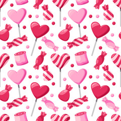 Fototapeta na wymiar Candy background. Sweet cute seamless pattern for birthday dessert, gummy pink tasty paper. Decor textile, wrapping paper, confectionery shop wallpaper. Vector isolated graphic design